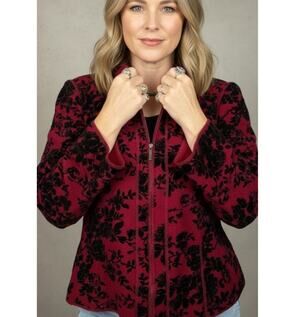 Sara Isabella Felted Wool Blend Shacket/Zip Up Sweater with Velour Embossing